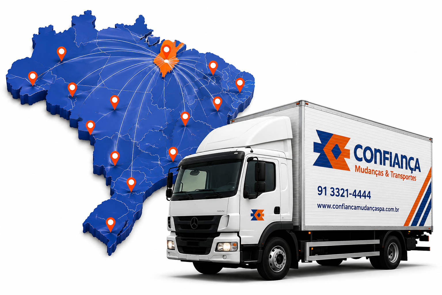 Mapa do Brasil com rotas partindo de Belém do Pará atendidas pela Confiança Mudanças